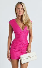 Janine Mini Dress - Gathered V Neck Dress in Pink