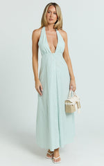 Jeienn Midi Dress - Ruched Shoulder Bodice A Line Placket Front Skirt Dress in Mint Stripe