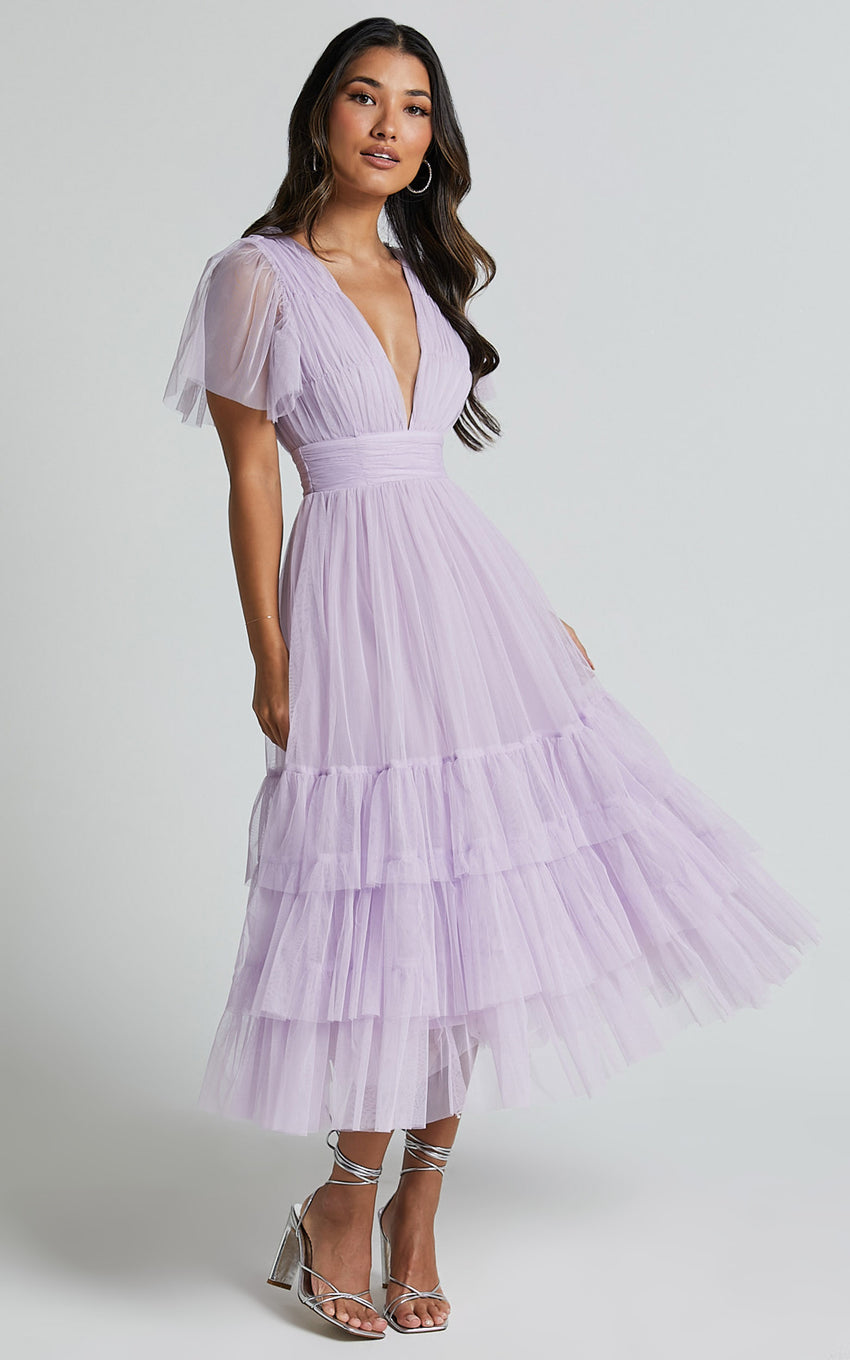 Jiraye Midi Dress - Flutter Sleeve Tuelle Plunge Dress in Lilac
