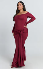 Judith Maxi Dress - Boat Neck Backless Tie Front Long Sleeve Jersey Dress in Wine