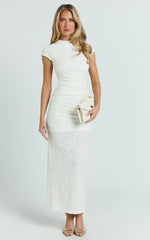 Kayrene Midi Dress - Short Sleeve Jacquard Dress in Cream