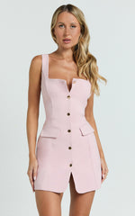 Kenna Mini Dress - Square Neck Button Down Mini Dress in Pink