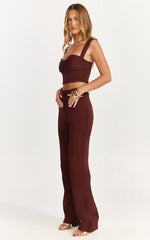 Kenna Two Piece Set - Gathered Bust Top And High Waist Straight Leg Pants Set in Chocolate