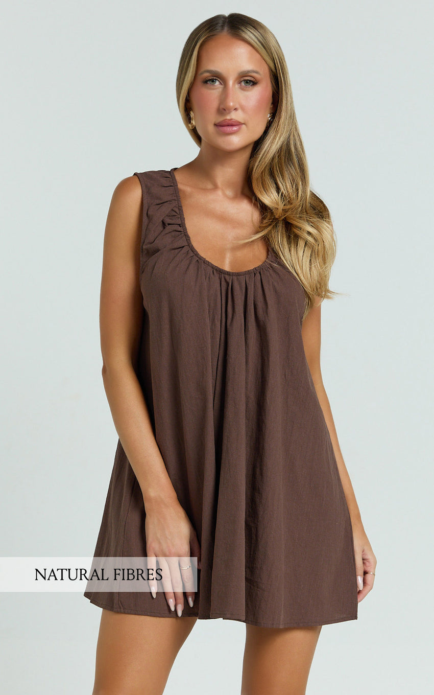 Lucinda Mini Dress - Deep U Gathered Neck Smock Dress in Chocolate