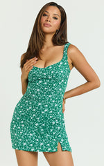 Madi Mini Dress - Scoop Neck Leg Split Dress in Green/White