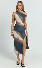 Nenita Midi Dress - One Shoulder Mesh Dress in Rust Print