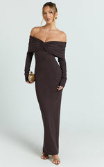 Rani Maxi Dress - Off Shoulder Long Sleeve Bodycon Dress in Chocolate