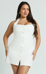 Ricki Mini Dress - Linen Halter Neck Shift Dress in White
