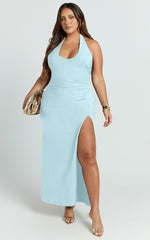 Ruby Maxi Dress - Halter Scoop Neck Low Back Bodycon Dress in Light Blue