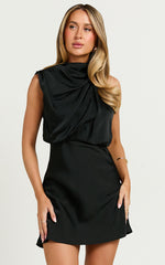 Schantal Mini Dress - Drape Neck Satin Slip Dress in Black