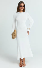 Tabitha Midi Dress - Long Sleeve Scallop Edge Knitted Midi Dress in White