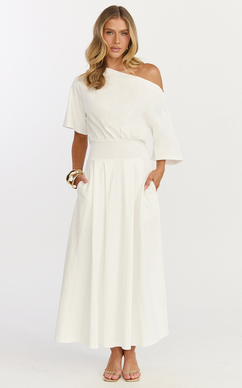 Tami Midi Dress - Off Shoulder Dress in White