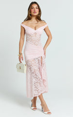 Tatum Midi Dress - Lace Off Shoulder Side Split Dress in Pink