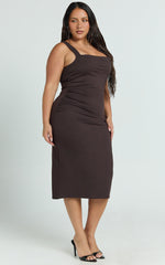 Tiffy Midi Dress - Square Neck Ruched Bodycon Dress in Chocolate