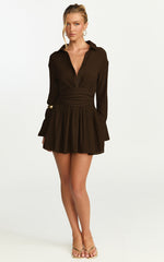 Valerie Mini Dress - Collared Long Sleeve Waist Shirt Dress in Chocolate