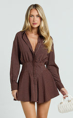 Whitney Mini Dress - Linen Long Sleeve Shirt Dress in Chocolate Pinstripe