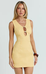 Yvonne Mini Dress - Key Hole Beaded Dress in Lemon