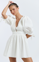 Zandra Mini Dress - Puff Sleeve Poplin Dress in White