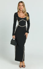 Zareena Midi Dress - Straight Neck Long Sleeve Slip Dress in Black